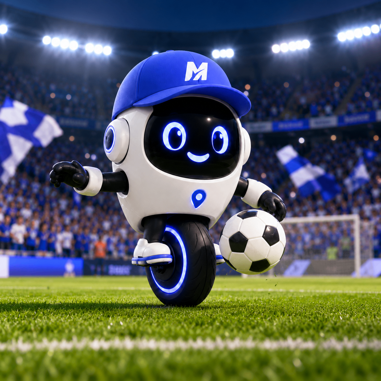 Mascotte My Team en pleine action sur la pelouse avec un ballon